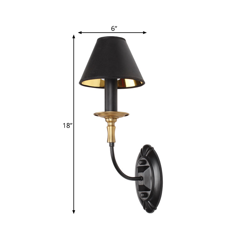 Skørter | Black 1/2-bulb wall lamp sconce vintage fabric shade wall-mounted lamp with curved arm for hallway