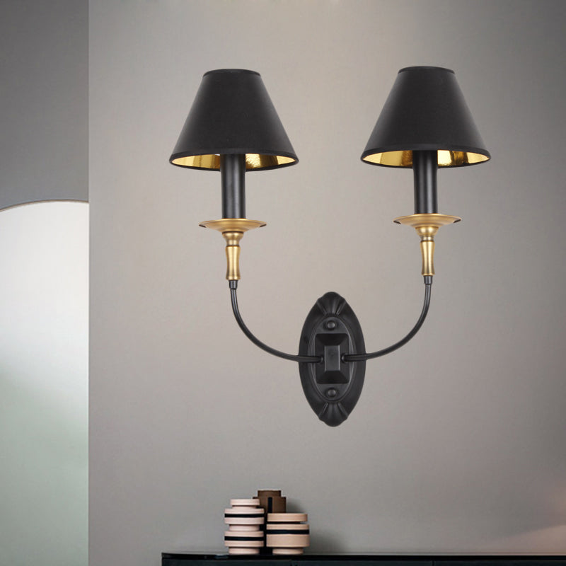 Skørter | Black 1/2-bulb wall lamp sconce vintage fabric shade wall-mounted lamp with curved arm for hallway