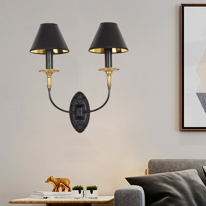 Skørter | Black 1/2-bulb wall lamp sconce vintage fabric shade wall-mounted lamp with curved arm for hallway