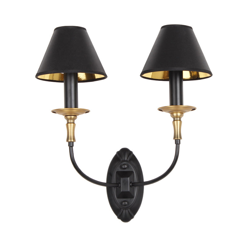 Skørter | Black 1/2-bulb wall lamp sconce vintage fabric shade wall-mounted lamp with curved arm for hallway
