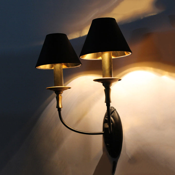 Skørter | Black 1/2-bulb wall lamp sconce vintage fabric shade wall-mounted lamp with curved arm for hallway
