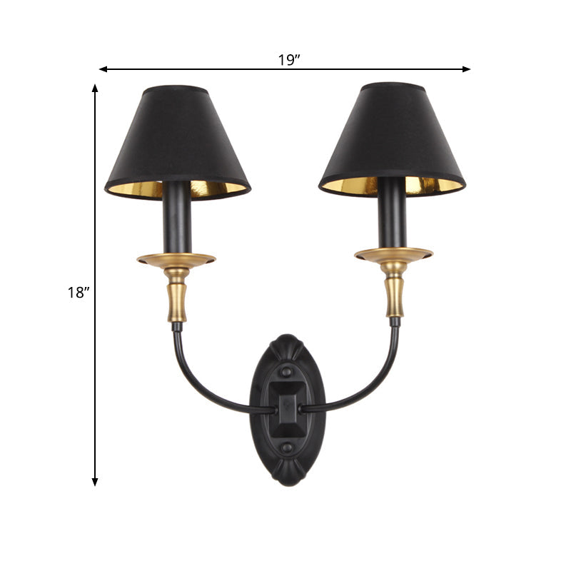 Skørter | Black 1/2-bulb wall lamp sconce vintage fabric shade wall-mounted lamp with curved arm for hallway