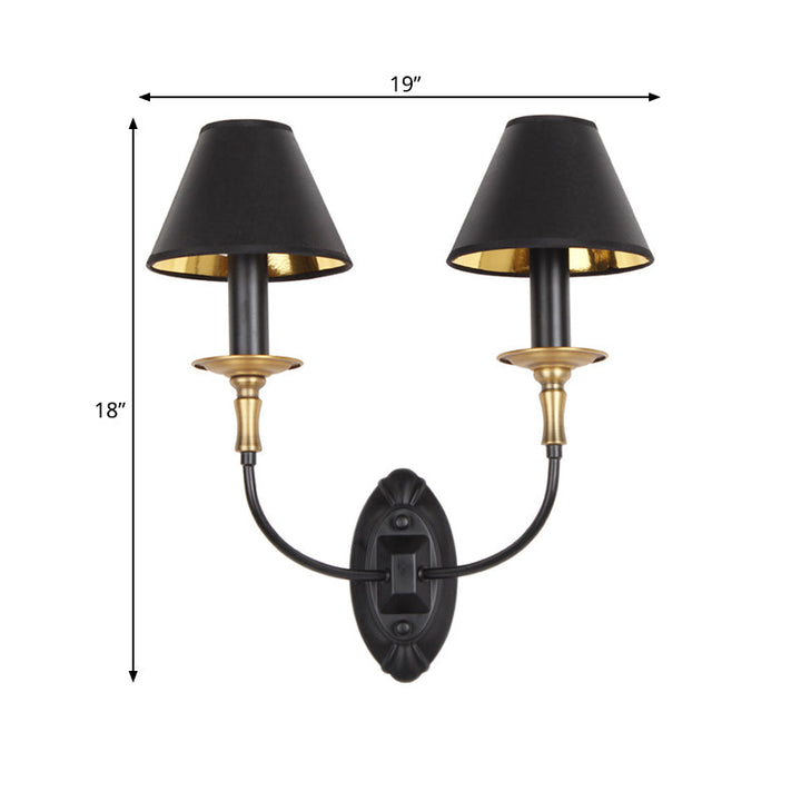 Skørter | Black 1/2-bulb wall lamp sconce vintage fabric shade wall-mounted lamp with curved arm for hallway