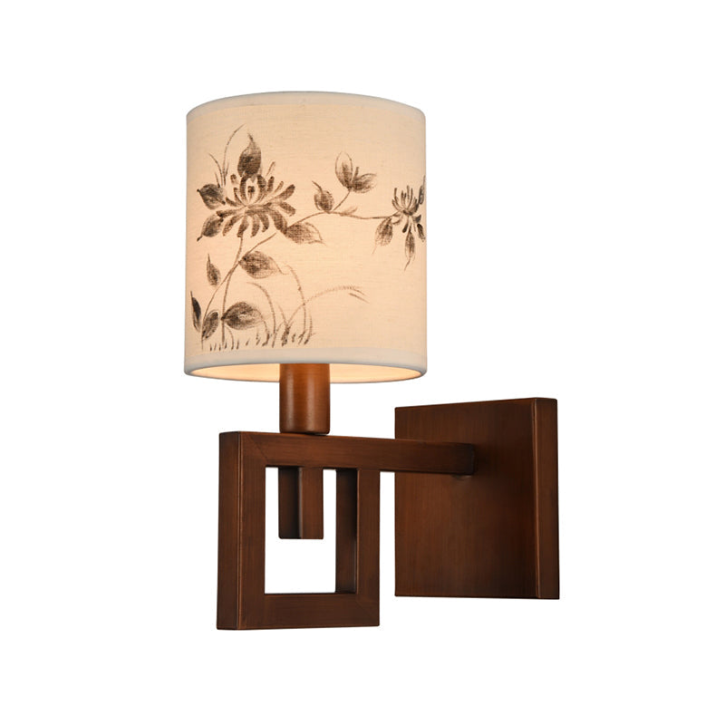Skørter | 1 Light Cylinder Wall Lighting Fixture Rustic White Fabric Wall Lamp with Floral Pattern for Office Room