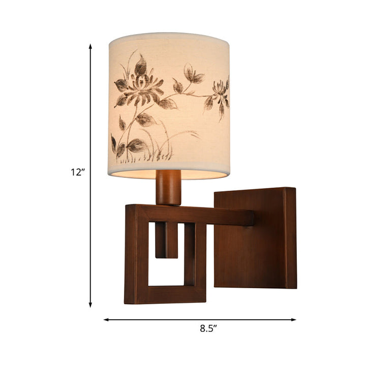 Skørter | 1 Light Cylinder Wall Lighting Fixture Rustic White Fabric Wall Lamp with Floral Pattern for Office Room