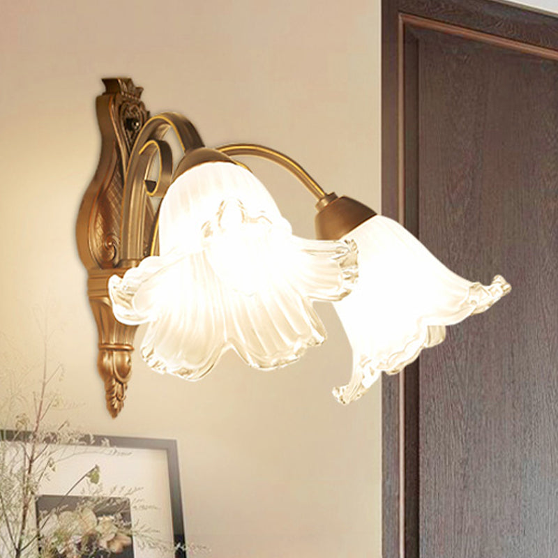 Skørter | Traditional Floral Wall Lamp Fixture 1/2-Light White Glass Wall Lamp Lighting in Black for Bedroom