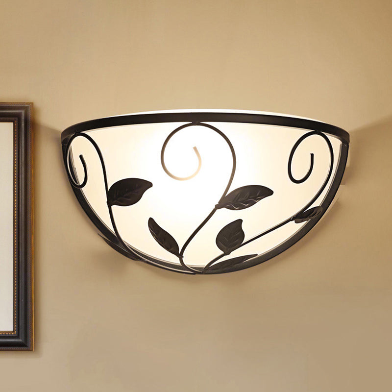 Skørter | Half Moon Bedroom Wall Light Vintage White Glass 1 Head Black Wall Lighting with Leaf Design