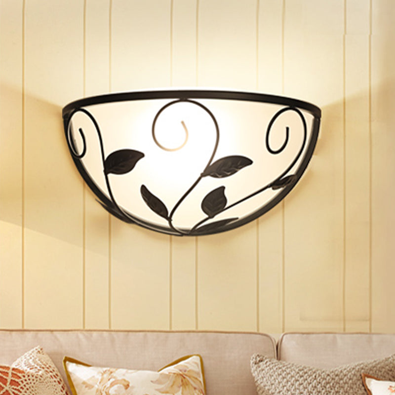 Skørter | Half Moon Bedroom Wall Light Vintage White Glass 1 Head Black Wall Lighting with Leaf Design