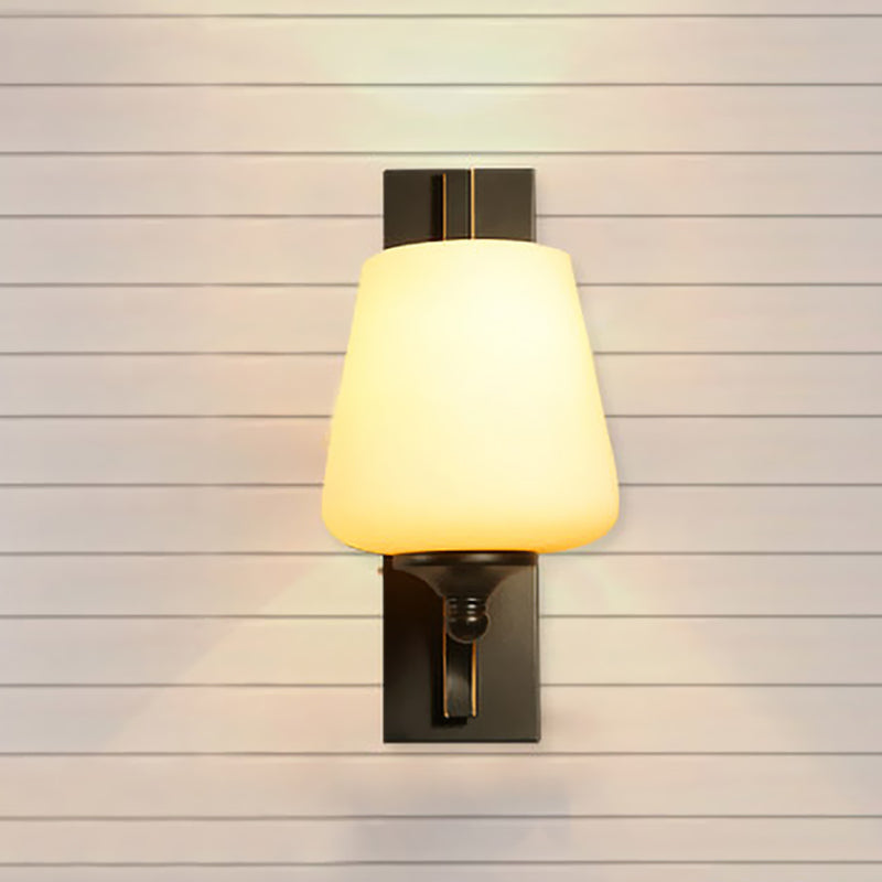 Skørter | Traditional Tapered Wall Mounted Light 1 Bulb Frosted White Glass Wall Lamp in Black for Bedroom