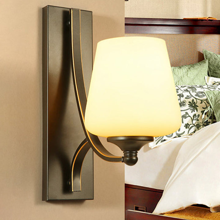 Skørter | Traditional Tapered Wall Mounted Light 1 Bulb Frosted White Glass Wall Lamp in Black for Bedroom