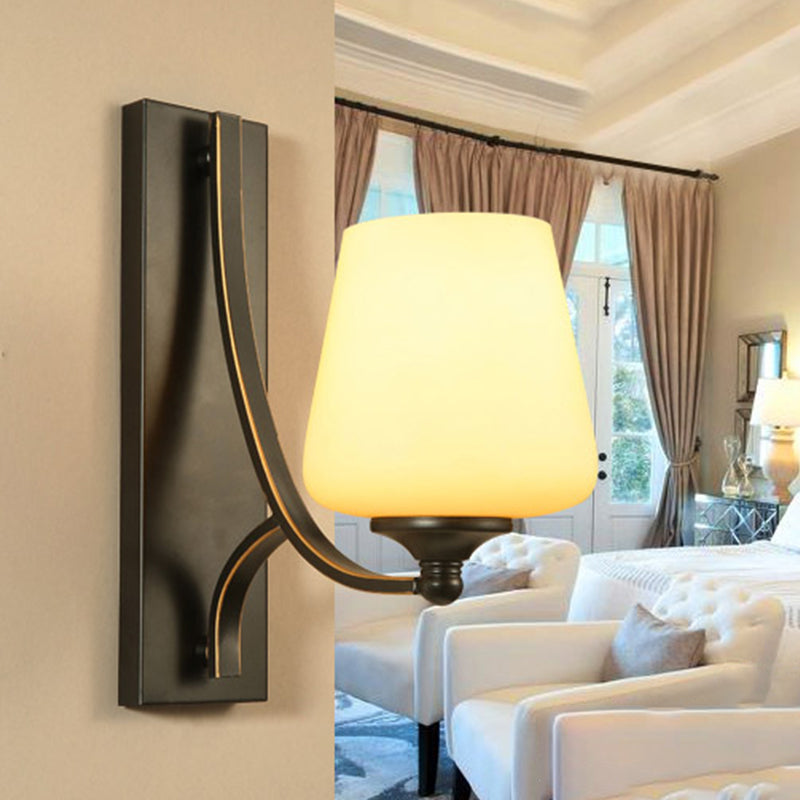 Skørter | Traditional Tapered Wall Mounted Light 1 Bulb Frosted White Glass Wall Lamp in Black for Bedroom