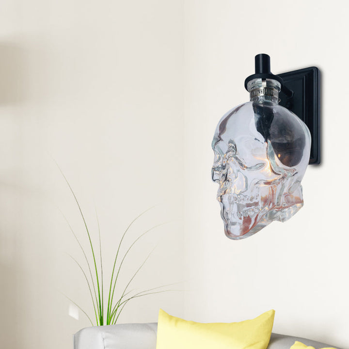 Lisslune | Black Skull-Shape Wall Light Vintage Clear Glass 1 Light Living Room Wall-Mounted Lamp Fixture
