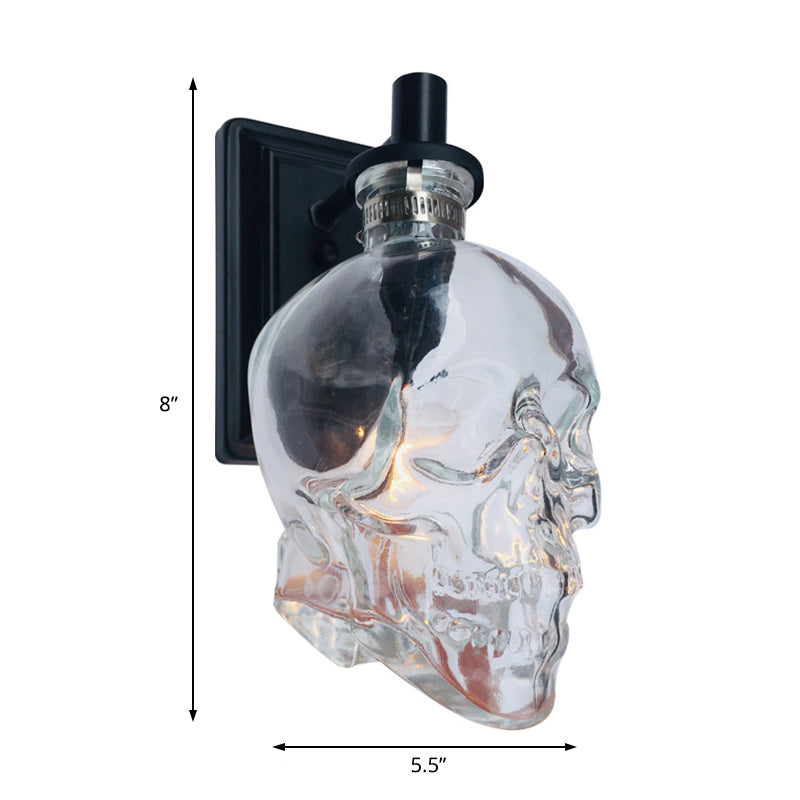 Lisslune | Black Skull-Shape Wall Light Vintage Clear Glass 1 Light Living Room Wall-Mounted Lamp Fixture