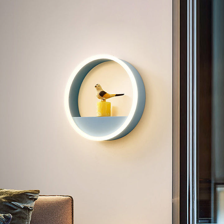 Lisslune | Iron Ring Flush Mount Wall Light Macaron Pink/Blue 12"/16" Wide LED Wall Lamp in Warm/White Light with Shelf Function