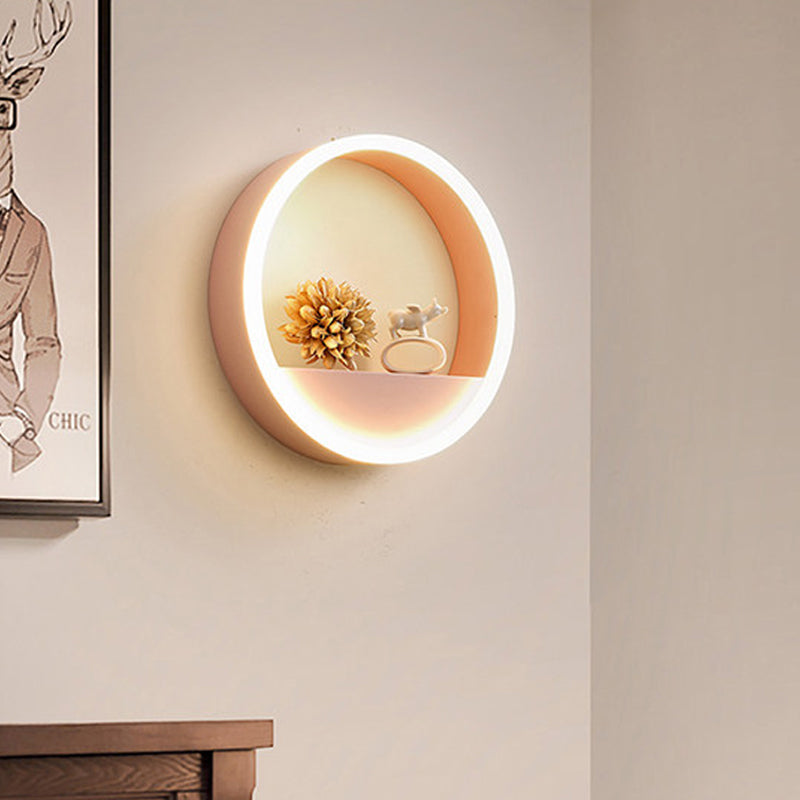 Lisslune | Iron Ring Flush Mount Wall Light Macaron Pink/Blue 12"/16" Wide LED Wall Lamp in Warm/White Light with Shelf Function