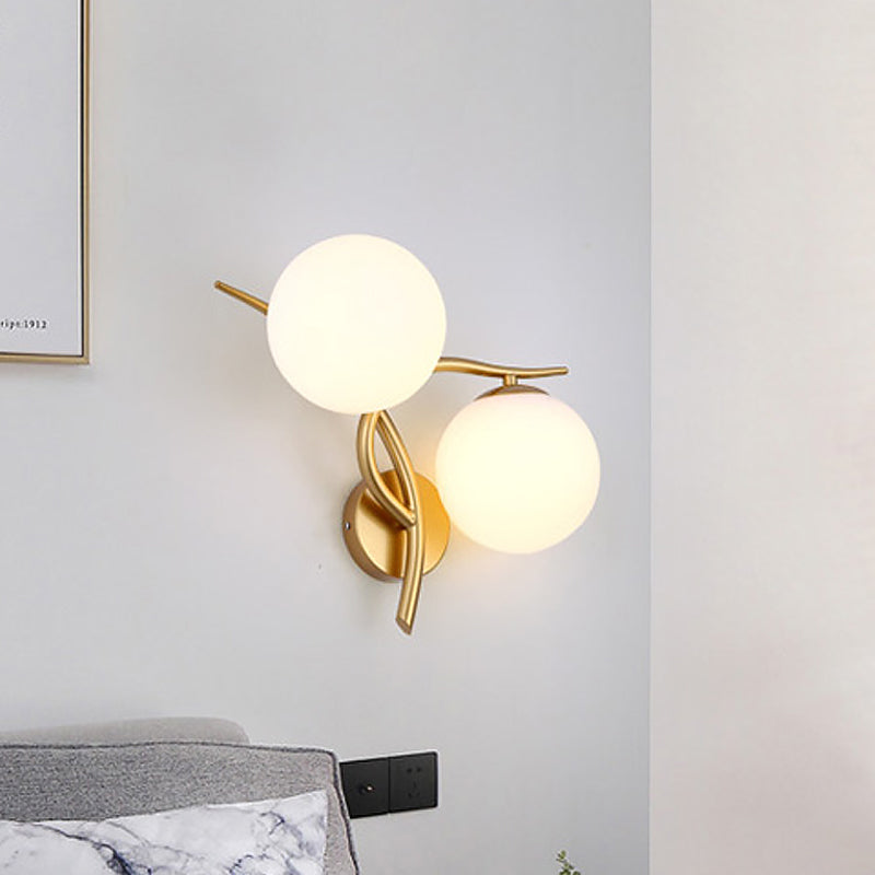 Lisslune | Gold Winding Wall Light Modern 2 Heads Metal Wall Lamp with Orb Milk Glass Shade
