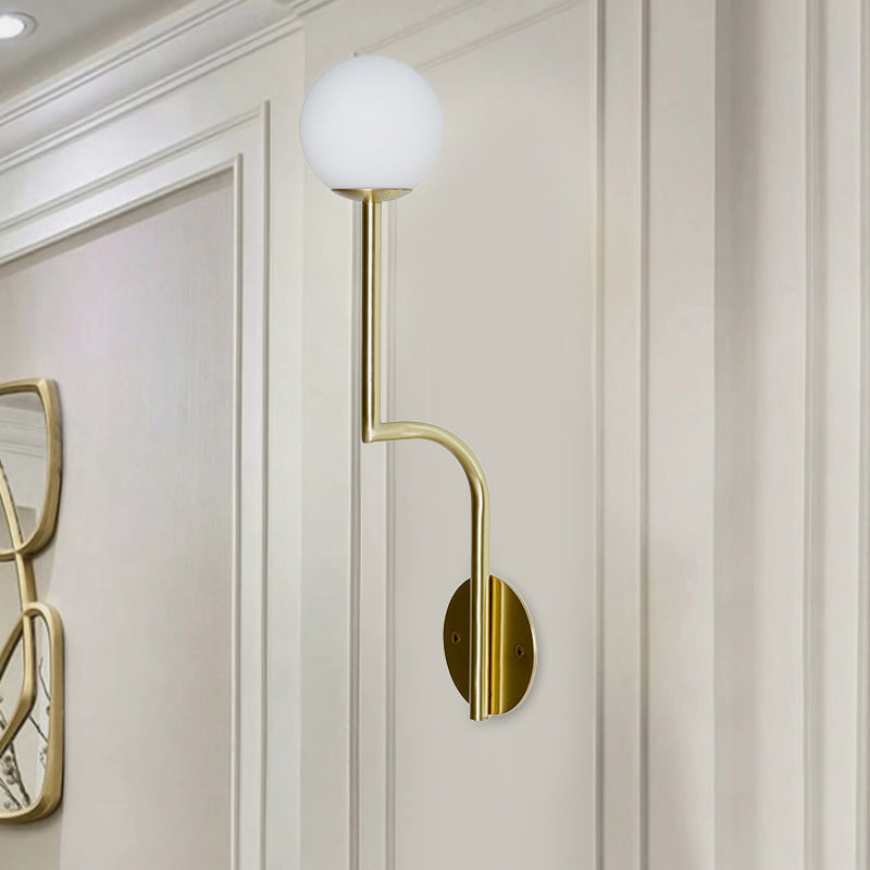 Lisslune | Simple Ball Opal Glass Wall Lamp Single Bulb Wall Light with Long Curved Arm in Black/Gold