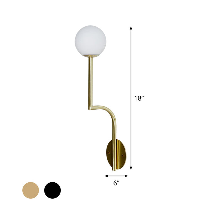 Lisslune | Simple Ball Opal Glass Wall Lamp Single Bulb Wall Light with Long Curved Arm in Black/Gold