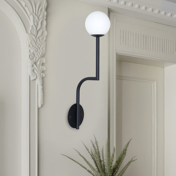 Lisslune | Simple Ball Opal Glass Wall Lamp Single Bulb Wall Light with Long Curved Arm in Black/Gold
