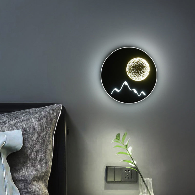 Lisslune | Mini Round/Rectangle Slim LED Ceiling Light Nordic Metal Bedroom Wall Lamp Sconces in Black/White/Grey with Full Moon Mountain Pattern