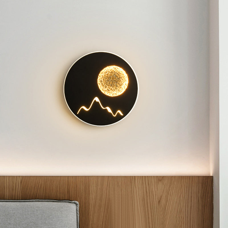 Lisslune | Mini Round/Rectangle Slim LED Ceiling Light Nordic Metal Bedroom Wall Lamp Sconces in Black/White/Grey with Full Moon Mountain Pattern