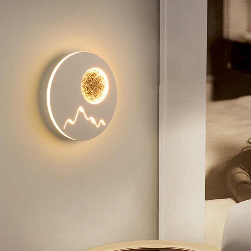 Lisslune | Mini Round/Rectangle Slim LED Ceiling Light Nordic Metal Bedroom Wall Lamp Sconces in Black/White/Grey with Full Moon Mountain Pattern