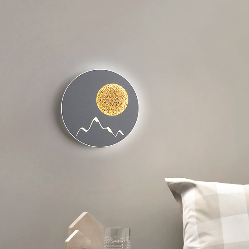 Lisslune | Mini Round/Rectangle Slim LED Ceiling Light Nordic Metal Bedroom Wall Lamp Sconces in Black/White/Grey with Full Moon Mountain Pattern