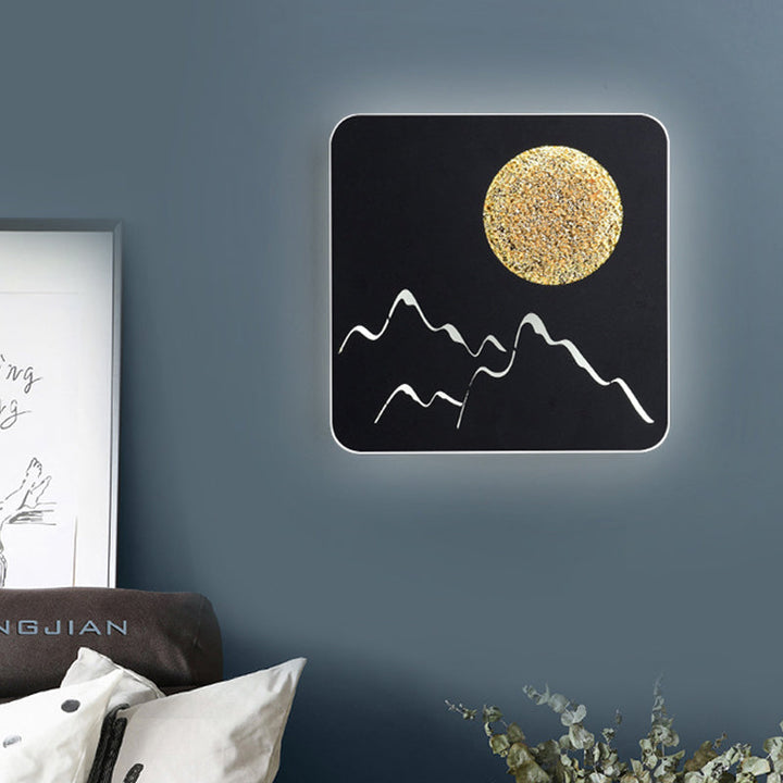 Lisslune | Mini Round/Rectangle Slim LED Ceiling Light Nordic Metal Bedroom Wall Lamp Sconces in Black/White/Grey with Full Moon Mountain Pattern