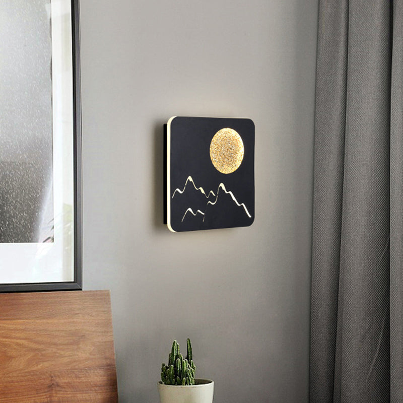 Lisslune | Mini Round/Rectangle Slim LED Ceiling Light Nordic Metal Bedroom Wall Lamp Sconces in Black/White/Grey with Full Moon Mountain Pattern