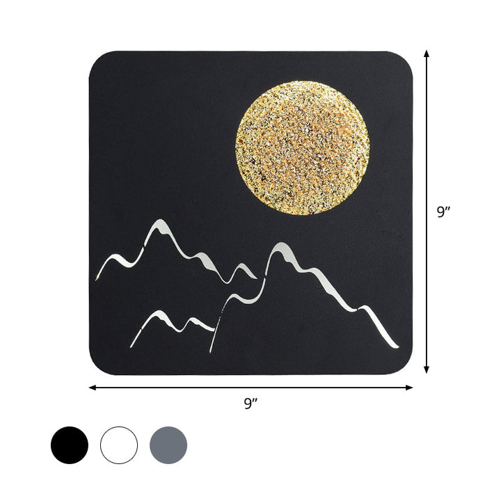 Lisslune | Mini Round/Rectangle Slim LED Ceiling Light Nordic Metal Bedroom Wall Lamp Sconces in Black/White/Grey with Full Moon Mountain Pattern