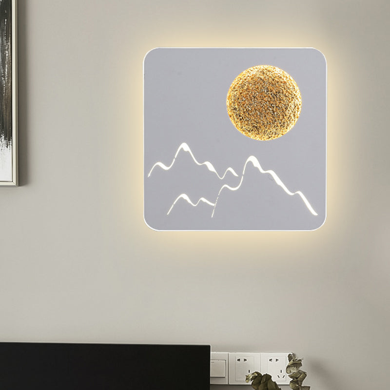 Lisslune | Mini Round/Rectangle Slim LED Ceiling Light Nordic Metal Bedroom Wall Lamp Sconces in Black/White/Grey with Full Moon Mountain Pattern