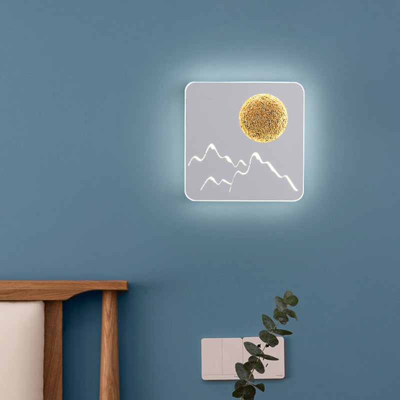 Lisslune | Mini Round/Rectangle Slim LED Ceiling Light Nordic Metal Bedroom Wall Lamp Sconces in Black/White/Grey with Full Moon Mountain Pattern