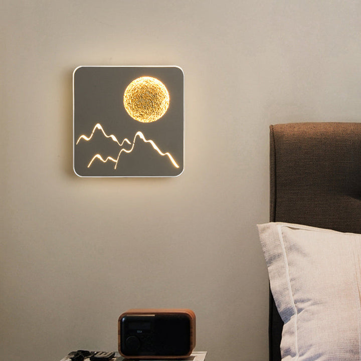 Lisslune | Mini Round/Rectangle Slim LED Ceiling Light Nordic Metal Bedroom Wall Lamp Sconces in Black/White/Grey with Full Moon Mountain Pattern