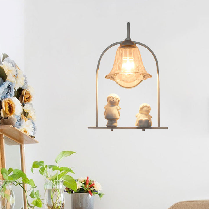Lisslune | White curved frame pendant light Nordic 1 head iron pendant lights with flower glass shade and resin angel decor
