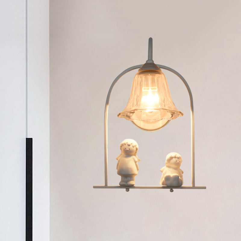 Lisslune | White curved frame pendant light Nordic 1 head iron pendant lights with flower glass shade and resin angel decor