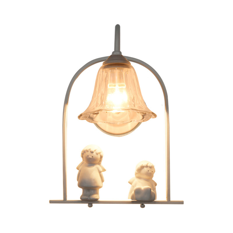 Lisslune | White curved frame pendant light Nordic 1 head iron pendant lights with flower glass shade and resin angel decor