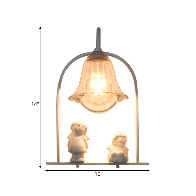 Lisslune | White curved frame pendant light Nordic 1 head iron pendant lights with flower glass shade and resin angel decor