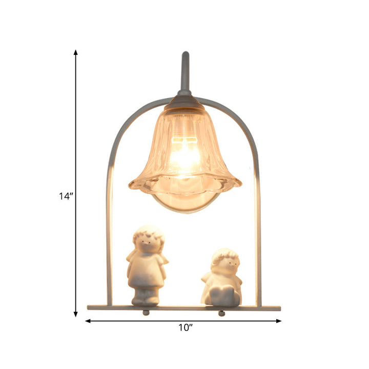Lisslune | White curved frame pendant light Nordic 1 head iron pendant lights with flower glass shade and resin angel decor