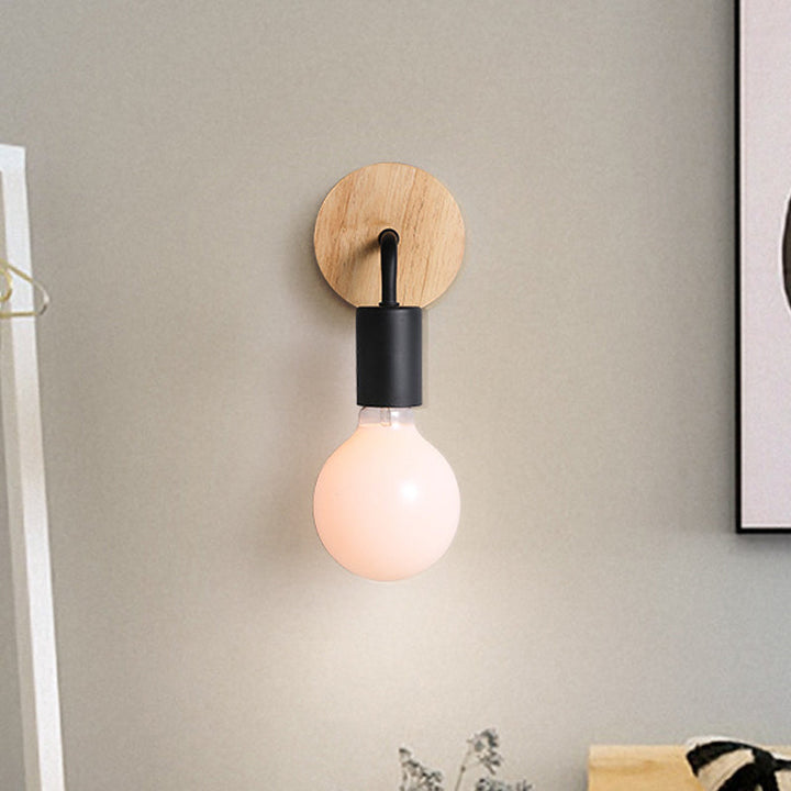 Lisslune | Iron Bend Rotatable Wall Lighting Minimalistic 1 Head Black/White-Wood Wall Lamp with Open Light Bulb Design