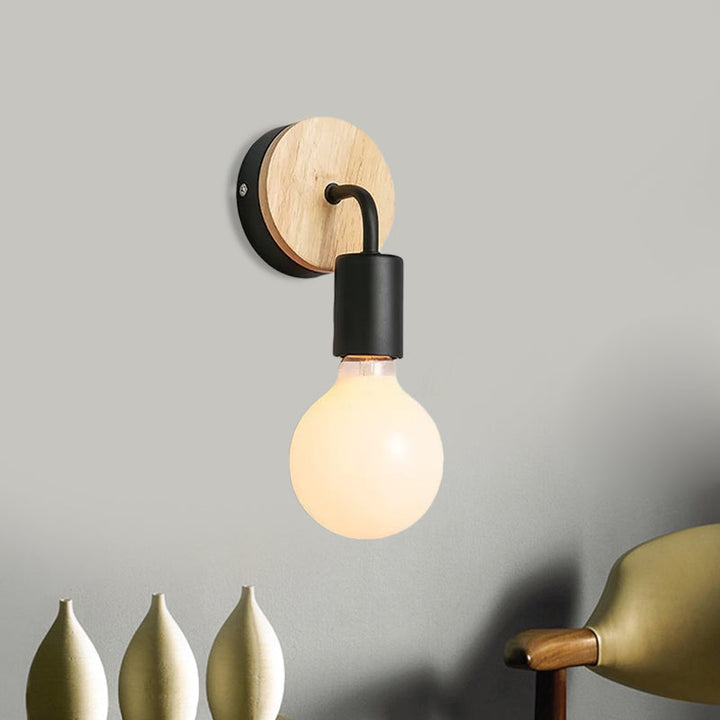 Lisslune | Iron Bend Rotatable Wall Lighting Minimalistic 1 Head Black/White-Wood Wall Lamp with Open Light Bulb Design