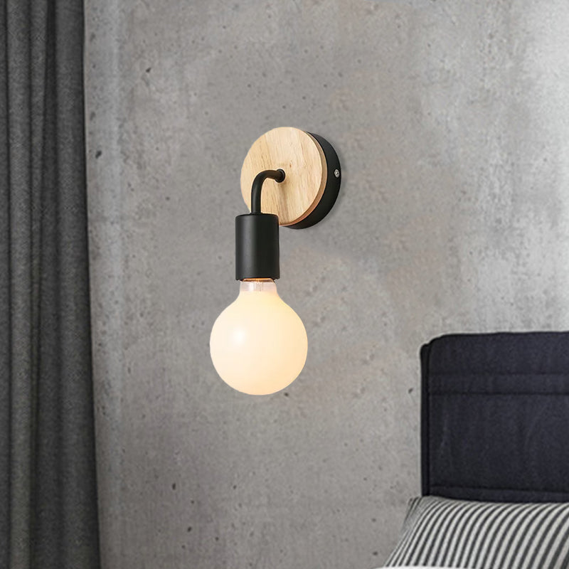 Lisslune | Iron Bend Rotatable Wall Lighting Minimalistic 1 Head Black/White-Wood Wall Lamp with Open Light Bulb Design