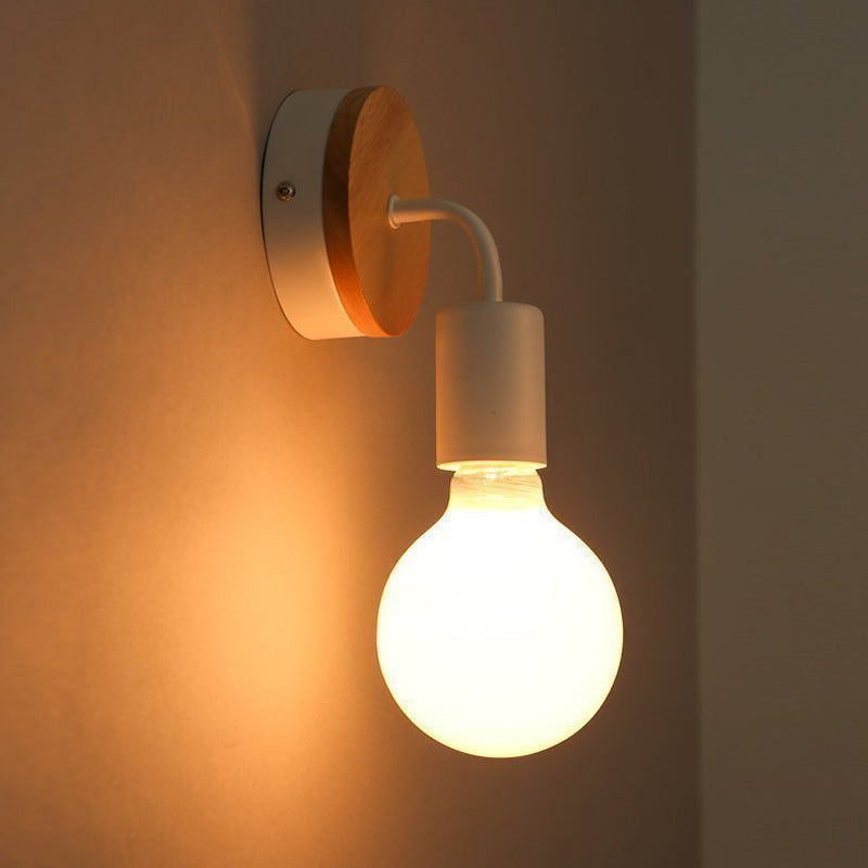 Lisslune | Iron Bend Rotatable Wall Lighting Minimalistic 1 Head Black/White-Wood Wall Lamp with Open Light Bulb Design