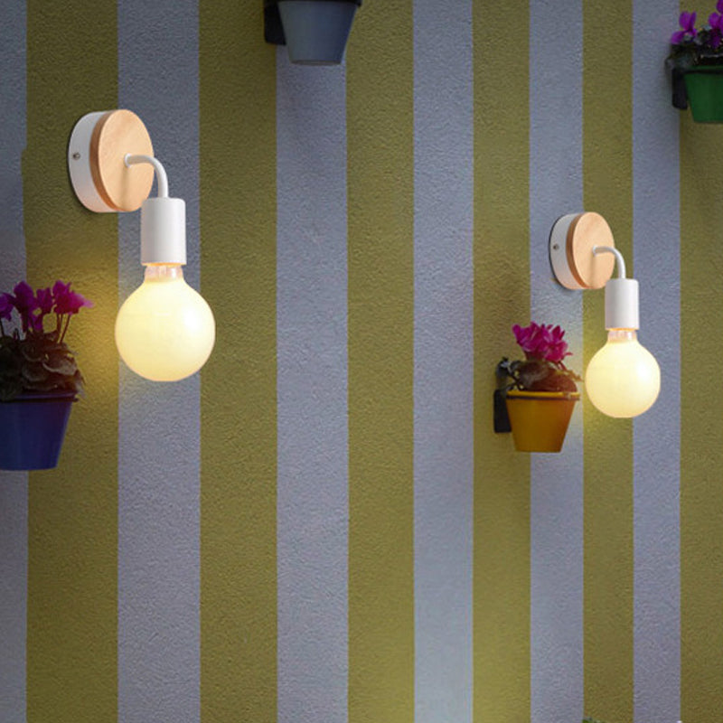 Lisslune | Iron Bend Rotatable Wall Lighting Minimalistic 1 Head Black/White-Wood Wall Lamp with Open Light Bulb Design