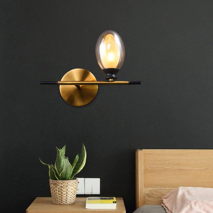 Lisslune | Brass straight bar wall light Mid Century 1 head metal wall light ideas with dual oval clear/amber glass shade