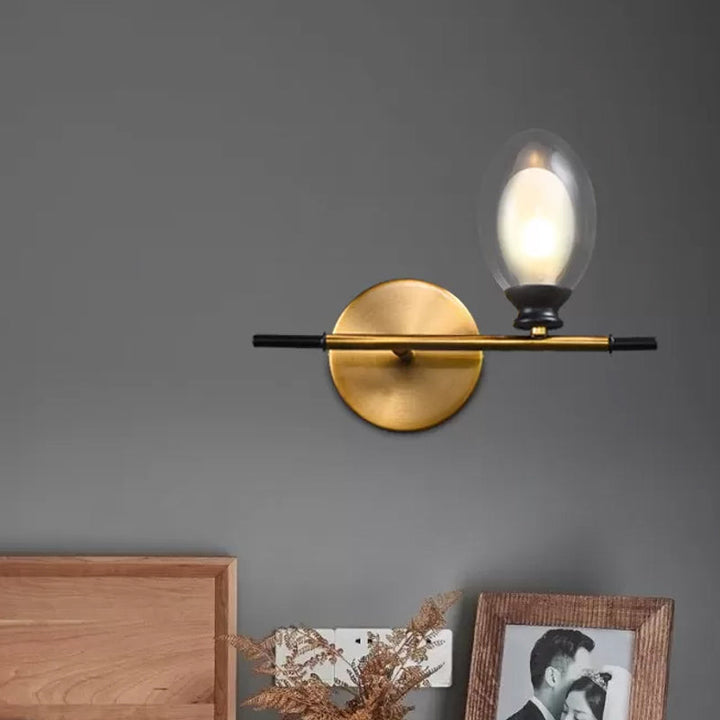 Lisslune | Brass straight bar wall light Mid Century 1 head metal wall light ideas with dual oval clear/amber glass shade