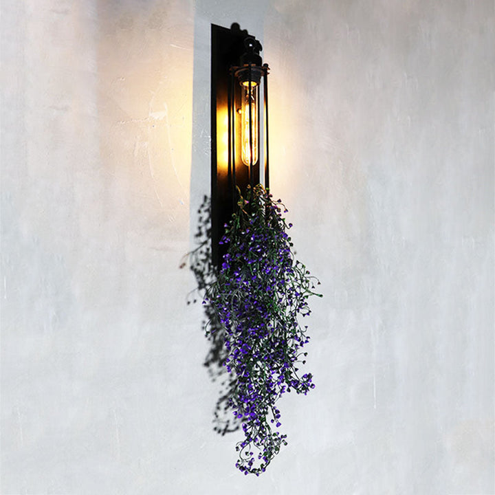 Lisslune | Tubular Cage Corridor Wall Lighting Farm Iron 1-Head Yellow and Green/White/Purple and White Wall Lamp with Artificial Flower