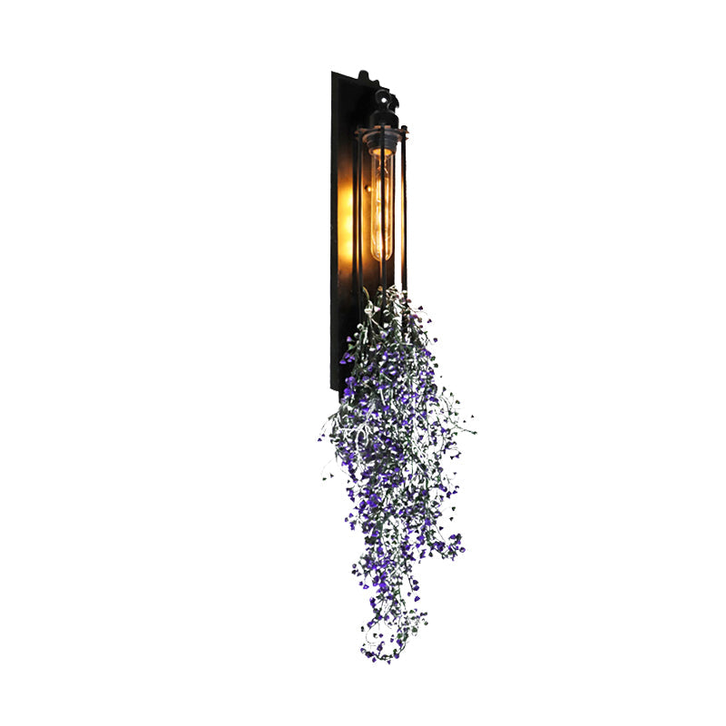 Lisslune | Tubular Cage Corridor Wall Lighting Farm Iron 1-Head Yellow and Green/White/Purple and White Wall Lamp with Artificial Flower
