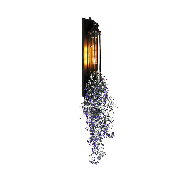 Lisslune | Tubular Cage Corridor Wall Lighting Farm Iron 1-Head Yellow and Green/White/Purple and White Wall Lamp with Artificial Flower