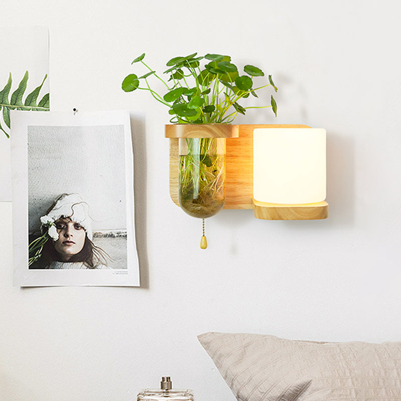 Lisslune | Wood Globe/Cylinder Wall Sconce Nordic Cream Glass 1 Light Bedroom Wall Lamp with Plant Pot and Pull Chain