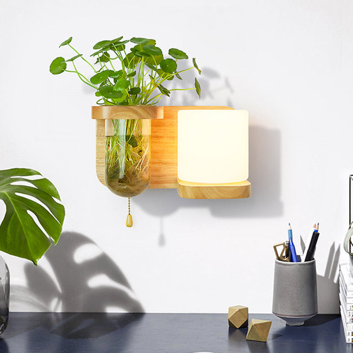 Lisslune | Wood Globe/Cylinder Wall Sconce Nordic Cream Glass 1 Light Bedroom Wall Lamp with Plant Pot and Pull Chain